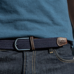 BILLYBELT MEN - elastic belt, braided, leather - Navy Blue
